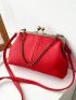 Litchi Embossed Chain Decor Square Bag Fashion Red Kiss Lock