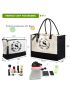 Initial Canvas Tote Bags and Makeup Bags Personalized Birthday Gift for Women Mom Gift Embroidery Monogram Beach Bags White  with Leather Handle Organized Inner Pocket F