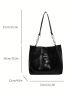 Letter Patch Decor Shoulder Tote Bag Small Black