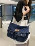 Letter Patch Hobo Bag Denim Flap Adjustable Strap For Daily