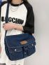 Letter Patch Hobo Bag Denim Flap Adjustable Strap For Daily