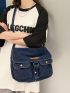 Letter Patch Hobo Bag Denim Flap Adjustable Strap For Daily