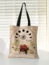 Flower & Moon Graphic Shopper Bag Small Double Handle Canvas