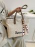 Letter Embroidery Design Straw Bag Double Handle Twilly Scarf Decor