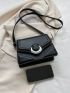 Small Flap Square Bag Metal Decor Embossed Detail Black