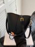 Litchi Embossed Bucket Bag Minimalist Black With Inner Pouch