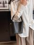 Litchi Embossed Bucket Bag Minimalist Black With Inner Pouch