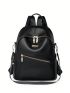 Black Classic Backpack Zipper Front Decor Adjustable Strap For Daily