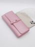 Litchi Embossed Flap Long Wallet Metal Decor Pink