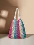 Large Capacity Straw Bag Colorblock Double Handle Hollow Out Design