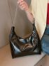 Black Shoulder Tote Bag Double Handle Chain Snap Button PU