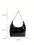 Black Shoulder Tote Bag Double Handle Chain Snap Button PU