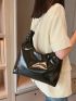 Black Shoulder Tote Bag Double Handle Chain Snap Button PU