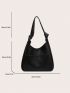 Patch Decor Hobo Bag Black Pu Litchi Embossed