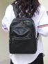 Litchi Embossed Classic Backpack Black Zipper Front Decor For Daily