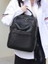 Litchi Embossed Classic Backpack Black Zipper Front Decor For Daily