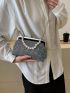 Small Square Bag Glamorous Rhinestone & Faux Pearl Decor Kiss Lock Chain PU