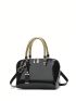 Black Dome Bag With Bag Charm Fashionable Double Handle Zipper Adjustable Strap PU, Elegant For Office & Work