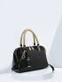 Black Dome Bag With Bag Charm Fashionable Double Handle Zipper Adjustable Strap PU, Elegant For Office & Work