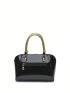 Black Dome Bag With Bag Charm Fashionable Double Handle Zipper Adjustable Strap PU, Elegant For Office & Work