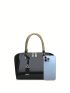 Black Dome Bag With Bag Charm Fashionable Double Handle Zipper Adjustable Strap PU, Elegant For Office & Work