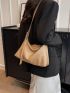 Khaki Hobo Bag Letter & Litchi Embossed Zipper PU