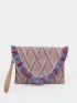 Geometric Pattern Straw Bag Fringe Trim Vacation