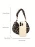 Leopard Print Ruched Bag Snap Button Polyester