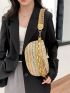 Colorblock Straw Bag Chain Decor Adjustable Strap For Vacation