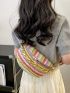 Colorblock Straw Bag Chain Decor Adjustable Strap For Vacation