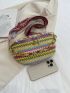 Colorblock Straw Bag Chain Decor Adjustable Strap For Vacation