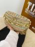 Colorblock Straw Bag Chain Decor Adjustable Strap For Vacation