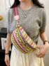 Colorblock Straw Bag Chain Decor Adjustable Strap For Vacation