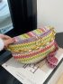 Colorblock Straw Bag Chain Decor Adjustable Strap For Vacation