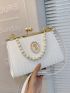 Figure & Faux Pearl Decor Square Bag PU Kiss Lock