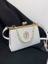 Figure & Faux Pearl Decor Square Bag PU Kiss Lock