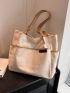 Polyamide Shoulder Tote Bag Letter Patch Decor Beige Pocket Front