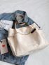 Polyamide Shoulder Tote Bag Letter Patch Decor Beige Pocket Front