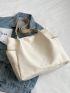 Polyamide Shoulder Tote Bag Letter Patch Decor Beige Pocket Front