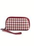 Houndstooth Pattern Long Wallet Zipper Genuine Leather With Wristlet