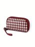 Houndstooth Pattern Long Wallet Zipper Genuine Leather With Wristlet