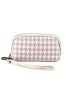 Houndstooth Pattern Long Wallet Zipper PU With Wristlet Genuine Leather