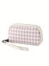 Houndstooth Pattern Long Wallet Zipper PU With Wristlet Genuine Leather