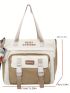 Casual Style Tote Bag Double Handle Colorblock Letter Patch Decor