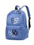 Cartoon & Letter Print Fashion Backpack With Zipper Blue