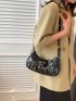 Black Hobo Bag Studded Decor Adjustable-strap Zipper PU