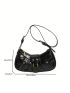 Black Hobo Bag Studded Decor Adjustable-strap Zipper PU