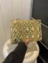 PU Square Bag Quilted Pattern Chain Zipper Small Gold Fashionable