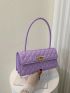 Quilted Baguette Bag PU Purple Flap Metal Decor