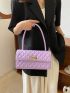 Quilted Baguette Bag PU Purple Flap Metal Decor